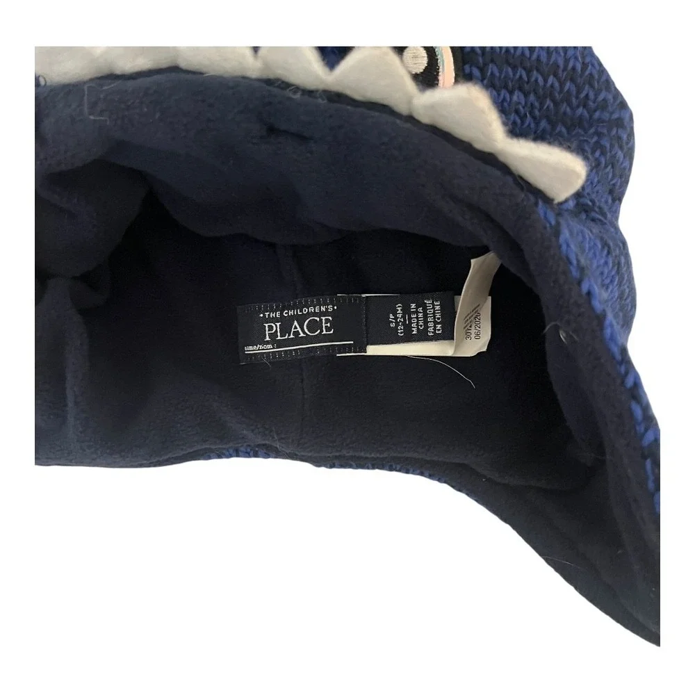 The Childrens Place Boys Blue Dragon Knit Trapper Hat Fleece Lined S 12-24M